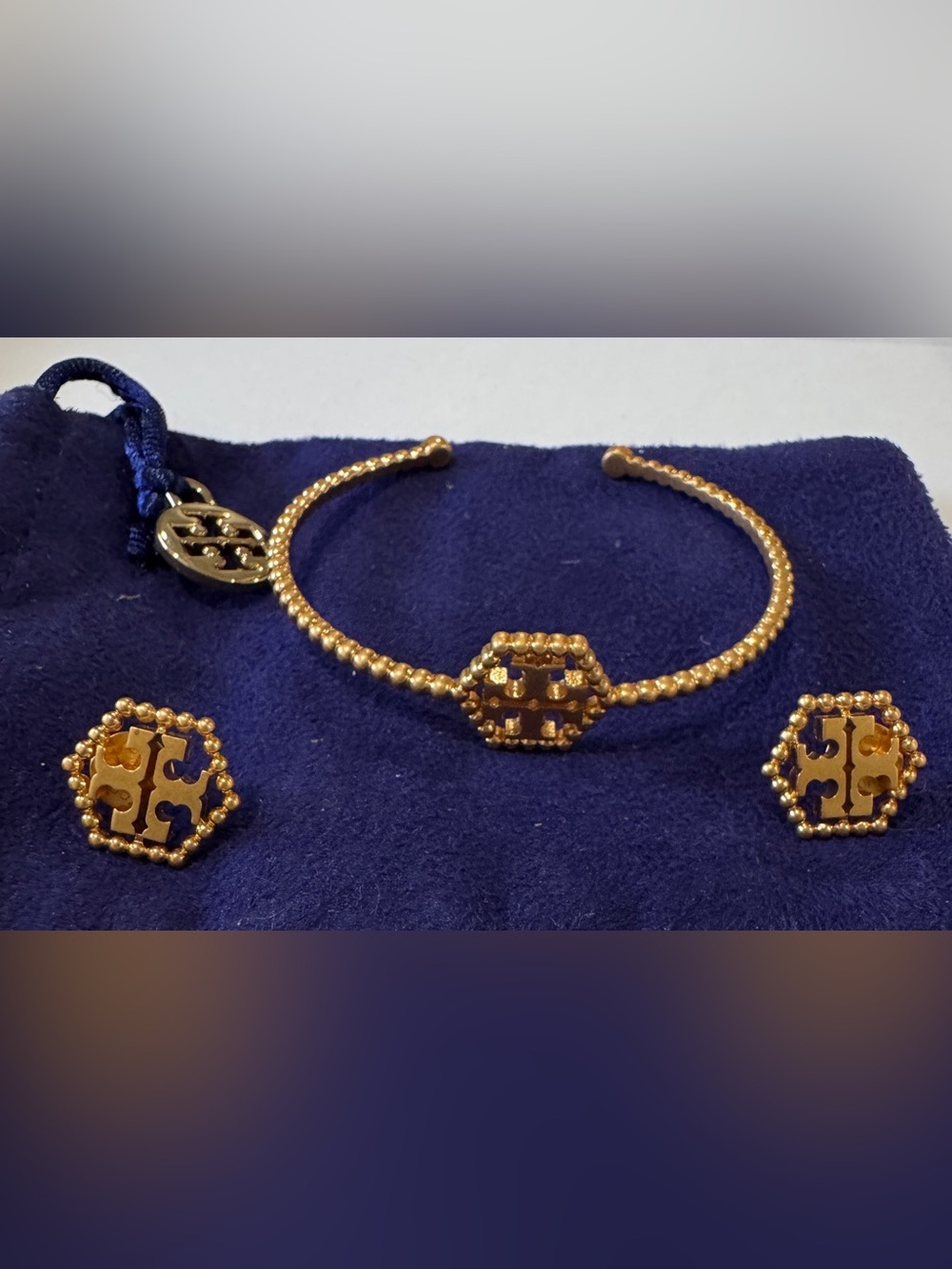 Tory Burch Gold Beaded Cuff Bracelet with Logo Hex Stud Earrings